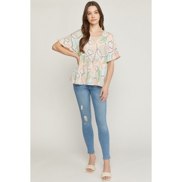 Entro Tops - Entro Abstract Peplum Top, Peach